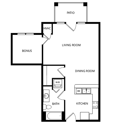 Floor plan for studio, 1 bath, 676 sqft